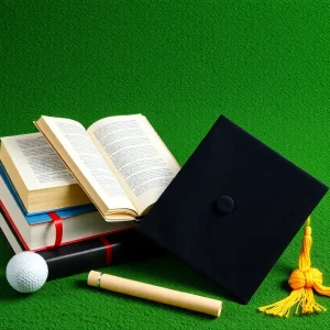 Graphic depicting academic success in sports, with golf elements.