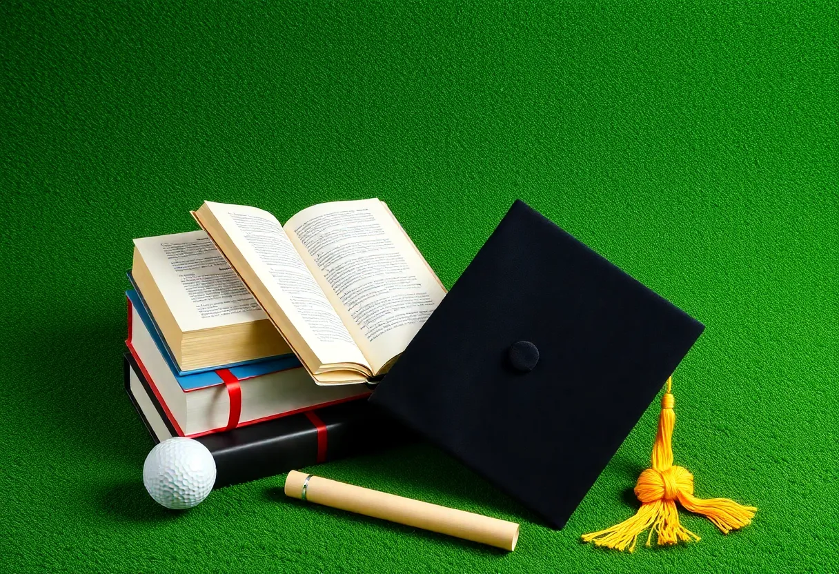 Graphic depicting academic success in sports, with golf elements.