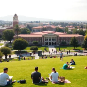 A picturesque view of the San Diego State University campus with students enjoying the outdoor space.