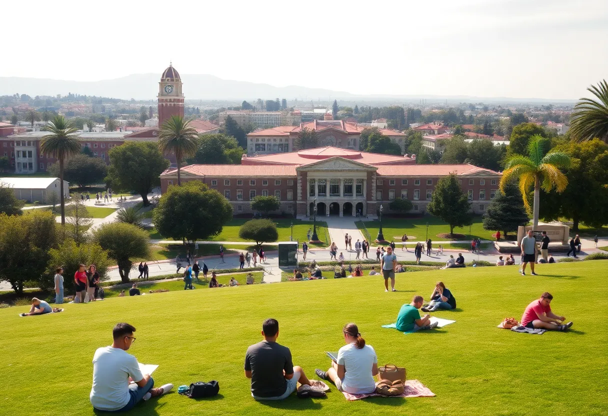 A picturesque view of the San Diego State University campus with students enjoying the outdoor space.