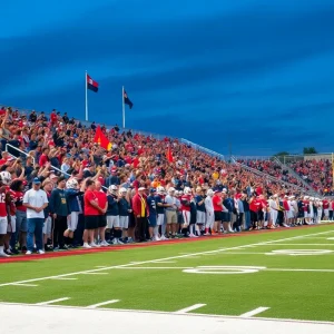 Scene of SDSU football game with fans in cheering excitement.
