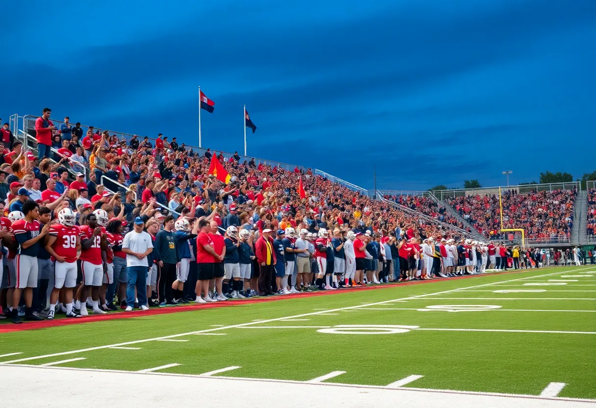 Scene of SDSU football game with fans in cheering excitement.