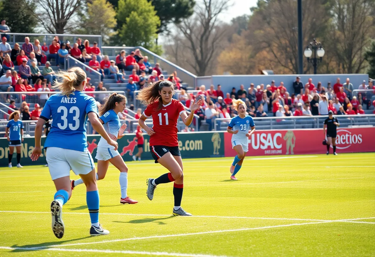 Collegiate women's soccer match featuring San Diego State players