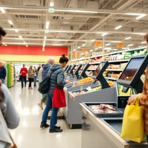 Self-checkout stations in a bustling grocery store