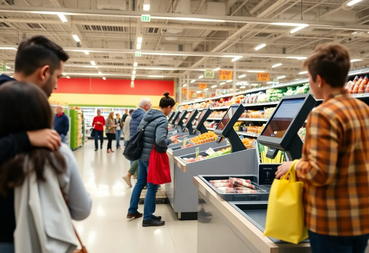 Self-checkout stations in a bustling grocery store
