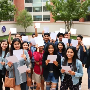 High school students celebrating college acceptance with CSU logos