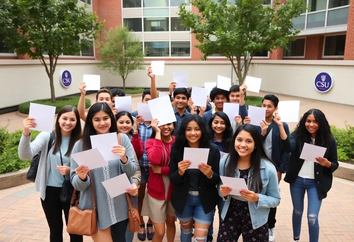 High school students celebrating college acceptance with CSU logos