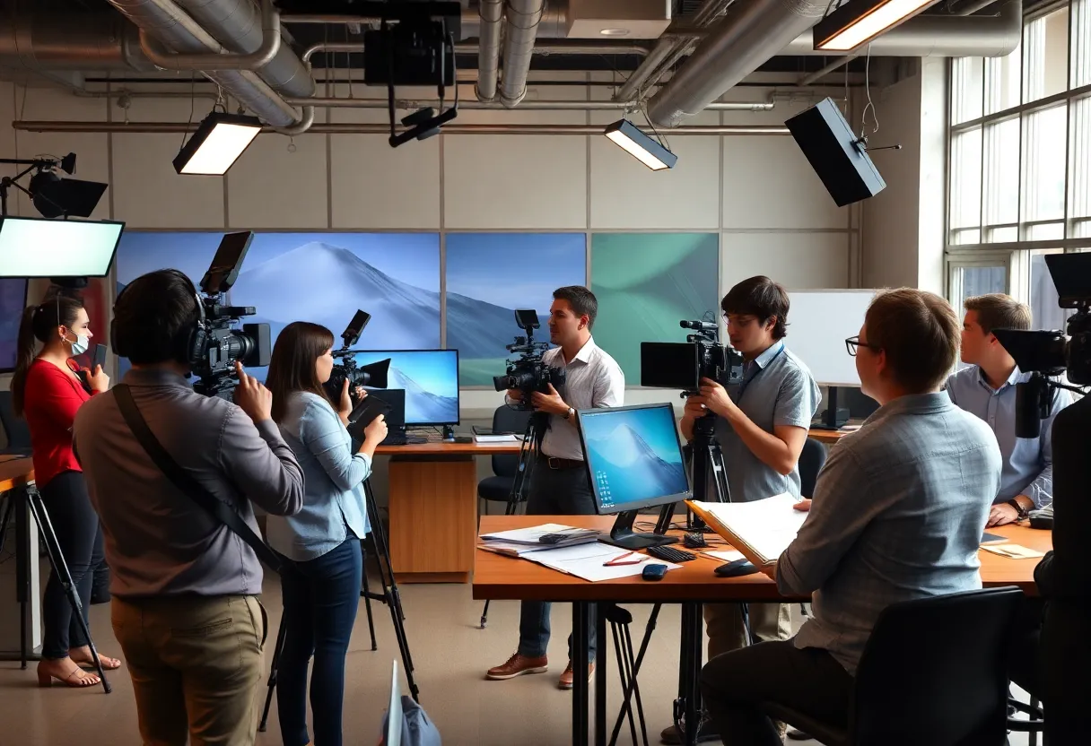 Journalists working in a vibrant newsroom representing California's news landscape.