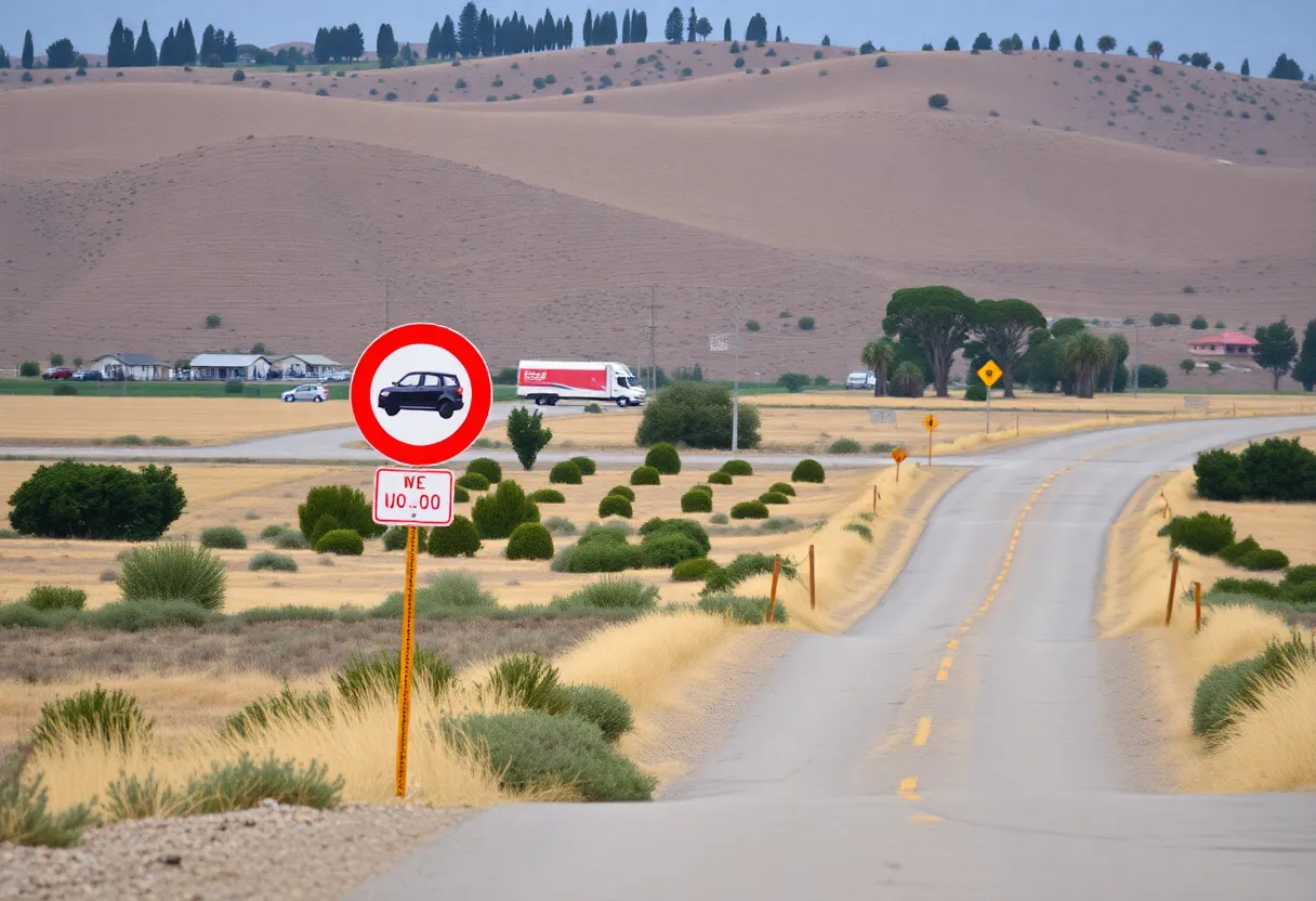 Rural landscape depicting potential development and traffic impact in California.