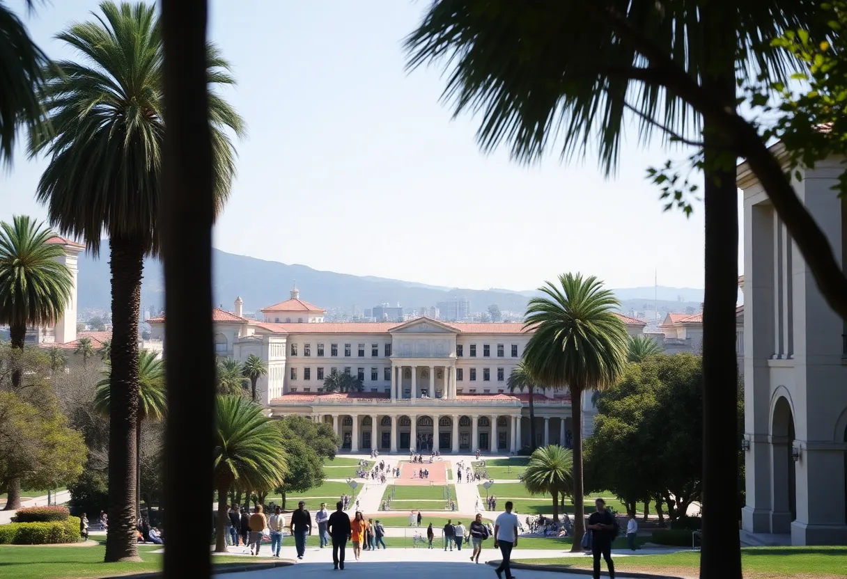 A panoramic view of UCLA campus showcasing students and university buildings.