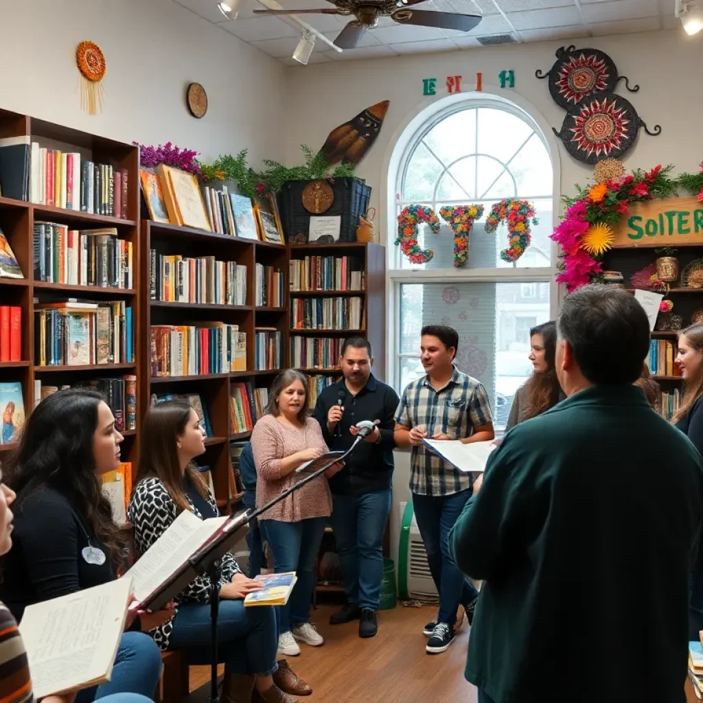 Community members sharing poetry and stories at the Untold Story bookstore's open mic night.