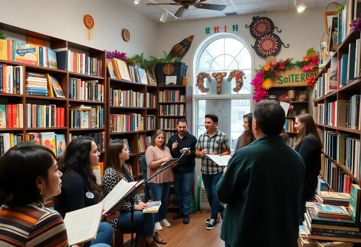 Community members sharing poetry and stories at the Untold Story bookstore's open mic night.