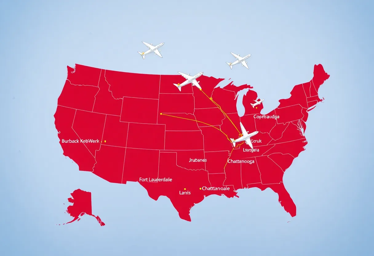 Illustration of Allegiant Travel's new nonstop routes across the United States.