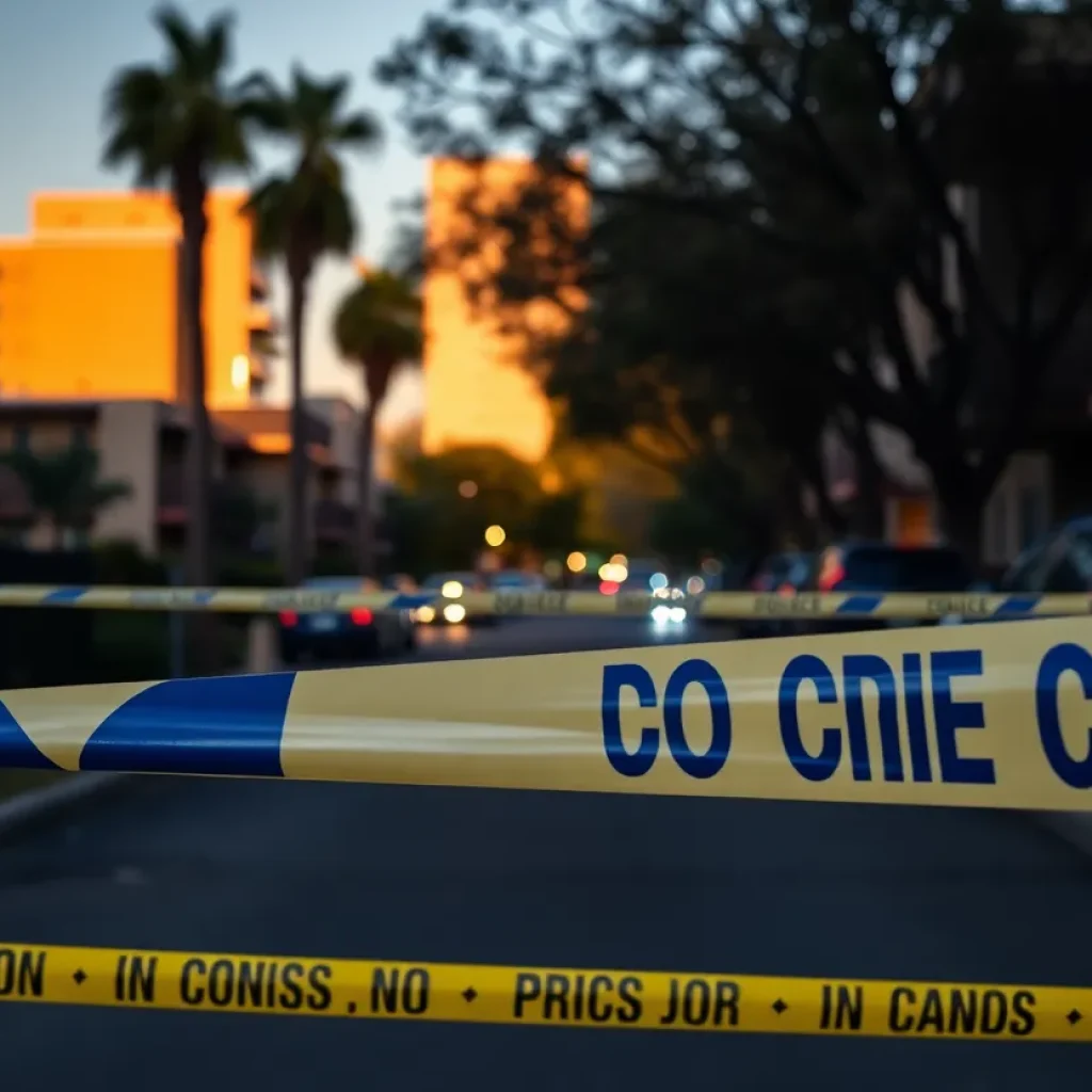Police tape at an apartment complex crime scene in Anaheim.