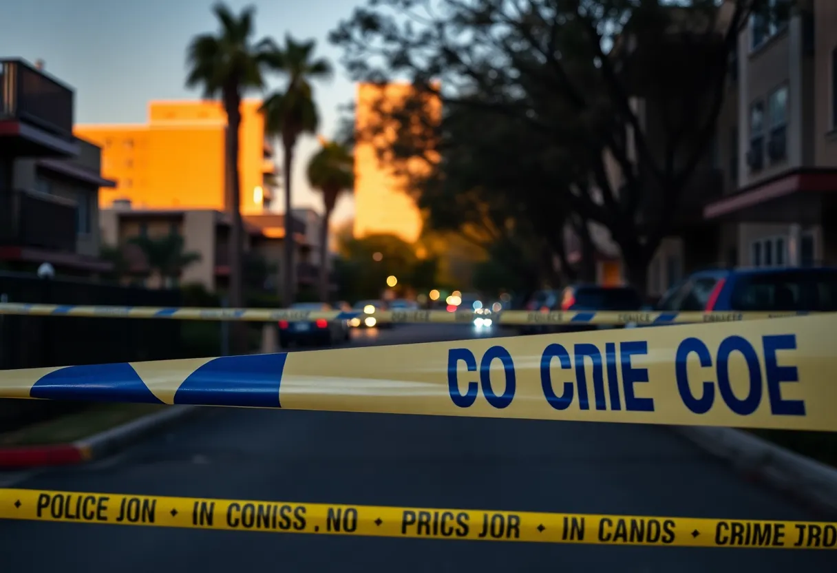 Police tape at an apartment complex crime scene in Anaheim.