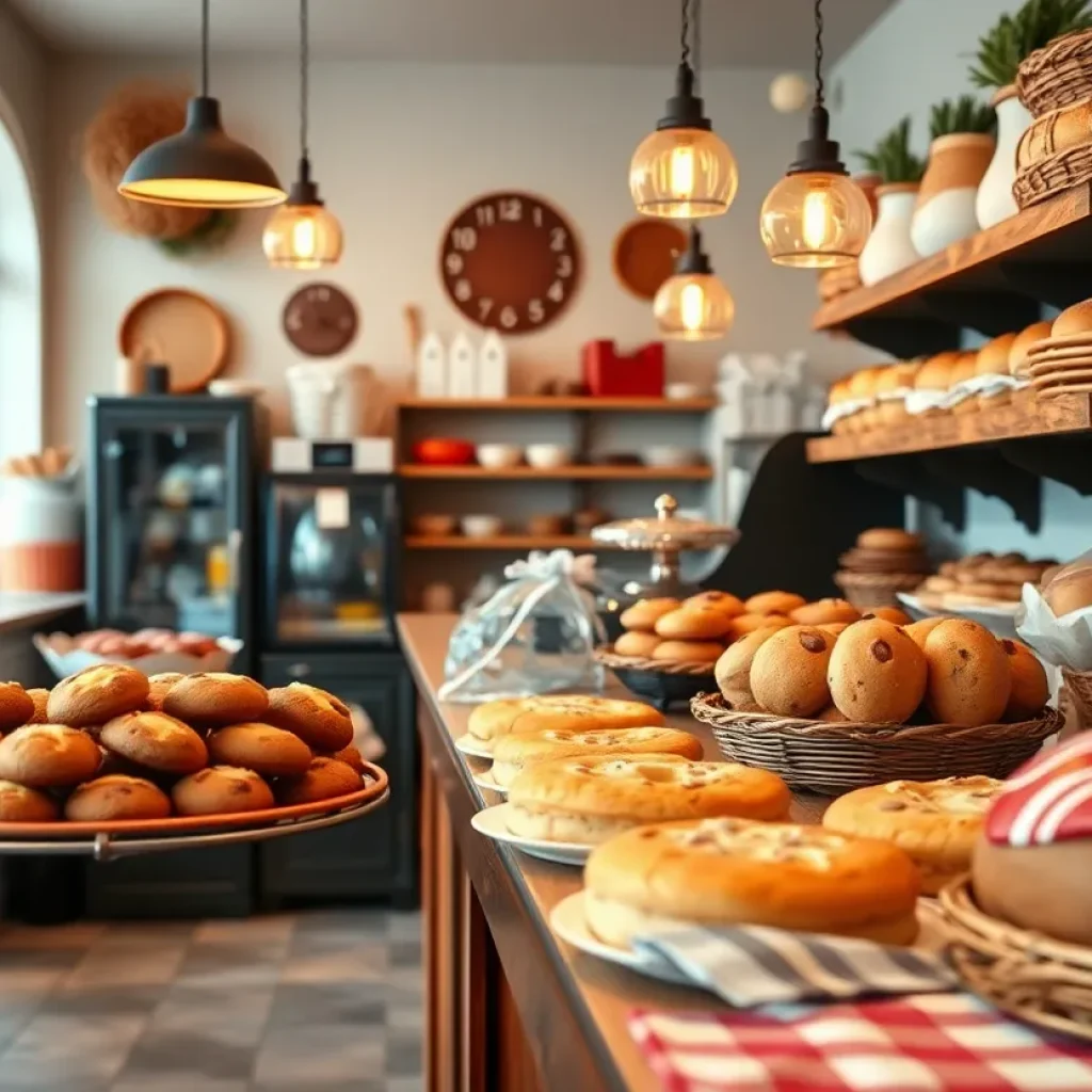 Interior of a charming bakery with baked goods displayed