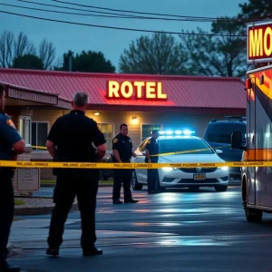 Police officers responding to a crime scene outside a motel in Anaheim.