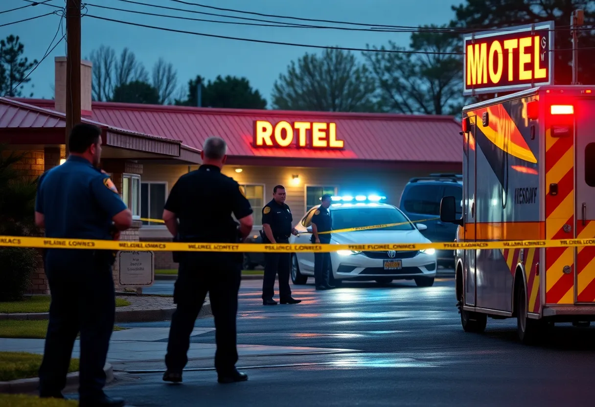 Police officers responding to a crime scene outside a motel in Anaheim.