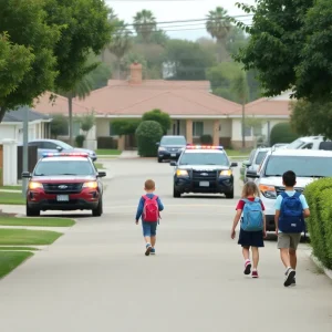 Police presence in a quiet Anaheim neighborhood post-shooting incident.