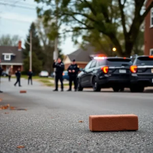 Police incident scene in Anaheim with a brick on the ground