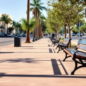 Image of a public sidewalk and benches in Anaheim