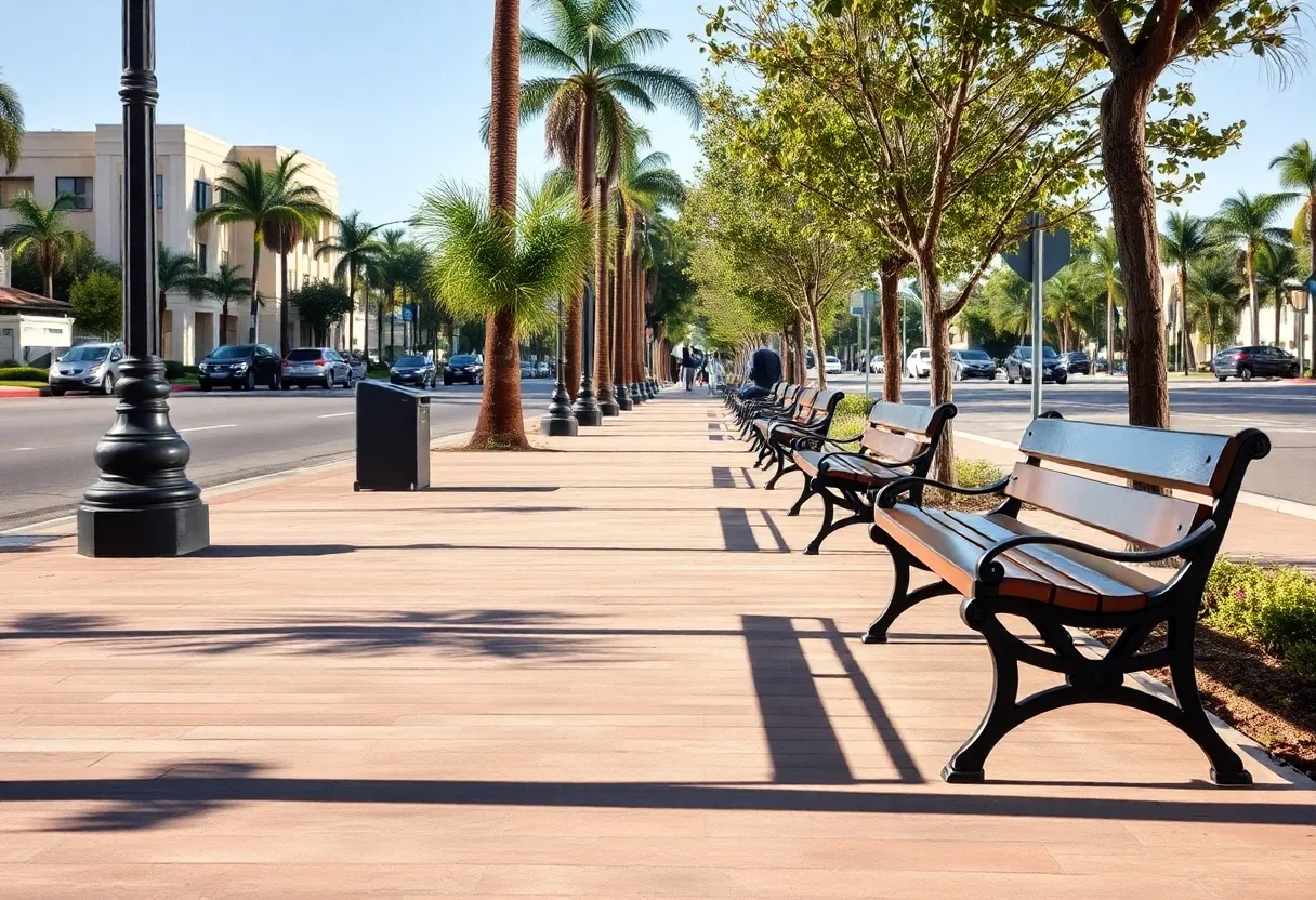 Image of a public sidewalk and benches in Anaheim