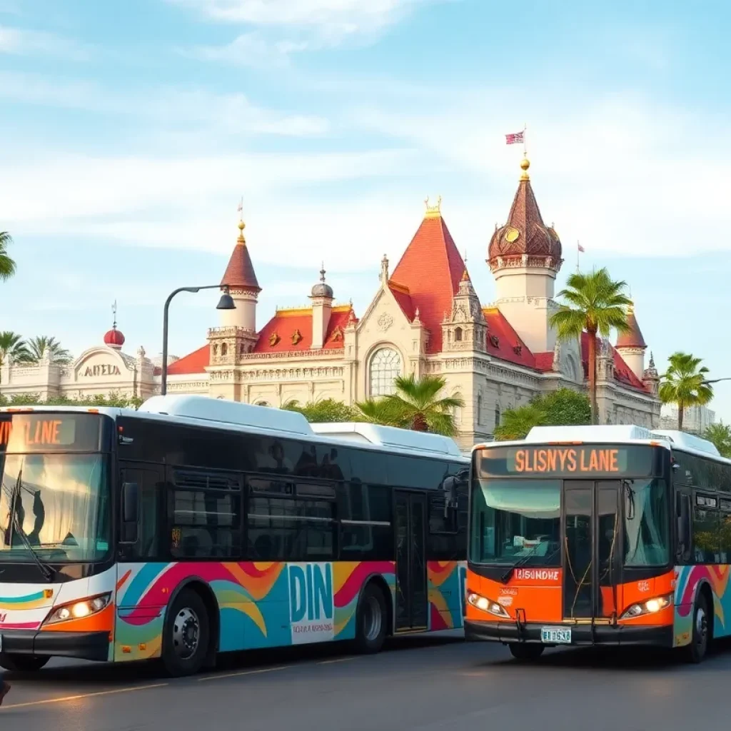 Public transportation scene in Anaheim with buses and Disneyland in the background
