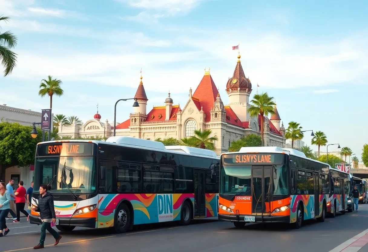 Public transportation scene in Anaheim with buses and Disneyland in the background