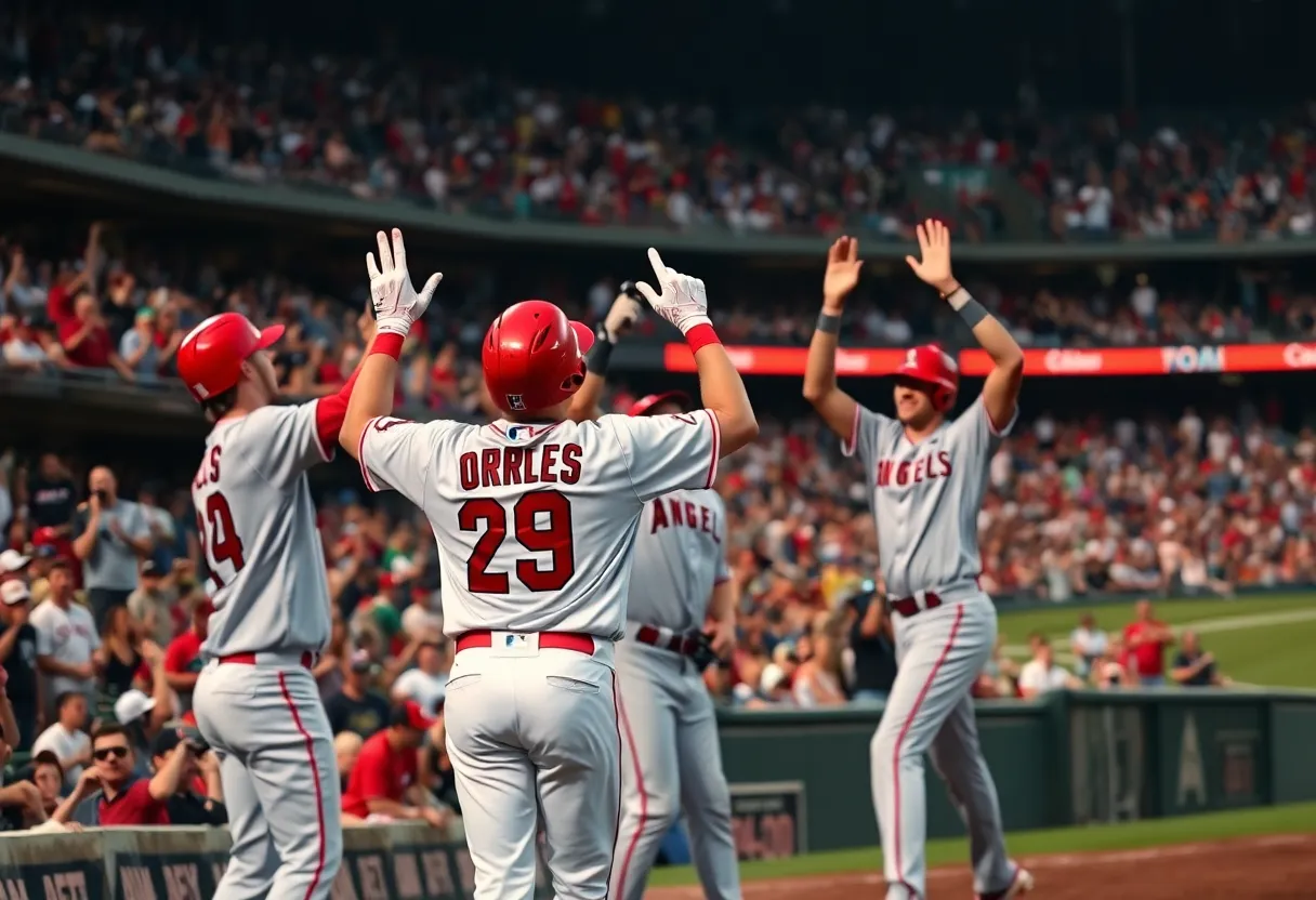 Los Angeles Angels players celebrating a home run during a game.