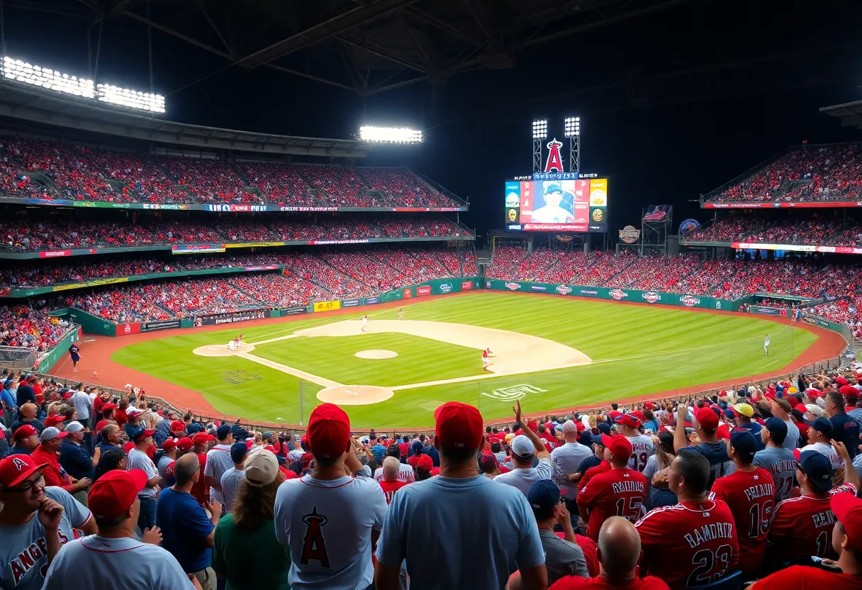 Fans cheering at an Los Angeles Angels baseball game