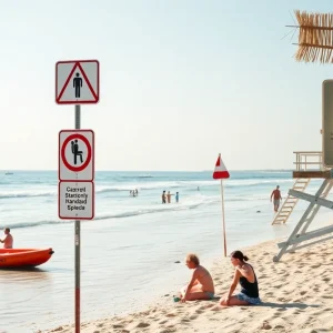A beach scene with safety measures and families enjoying the sun.