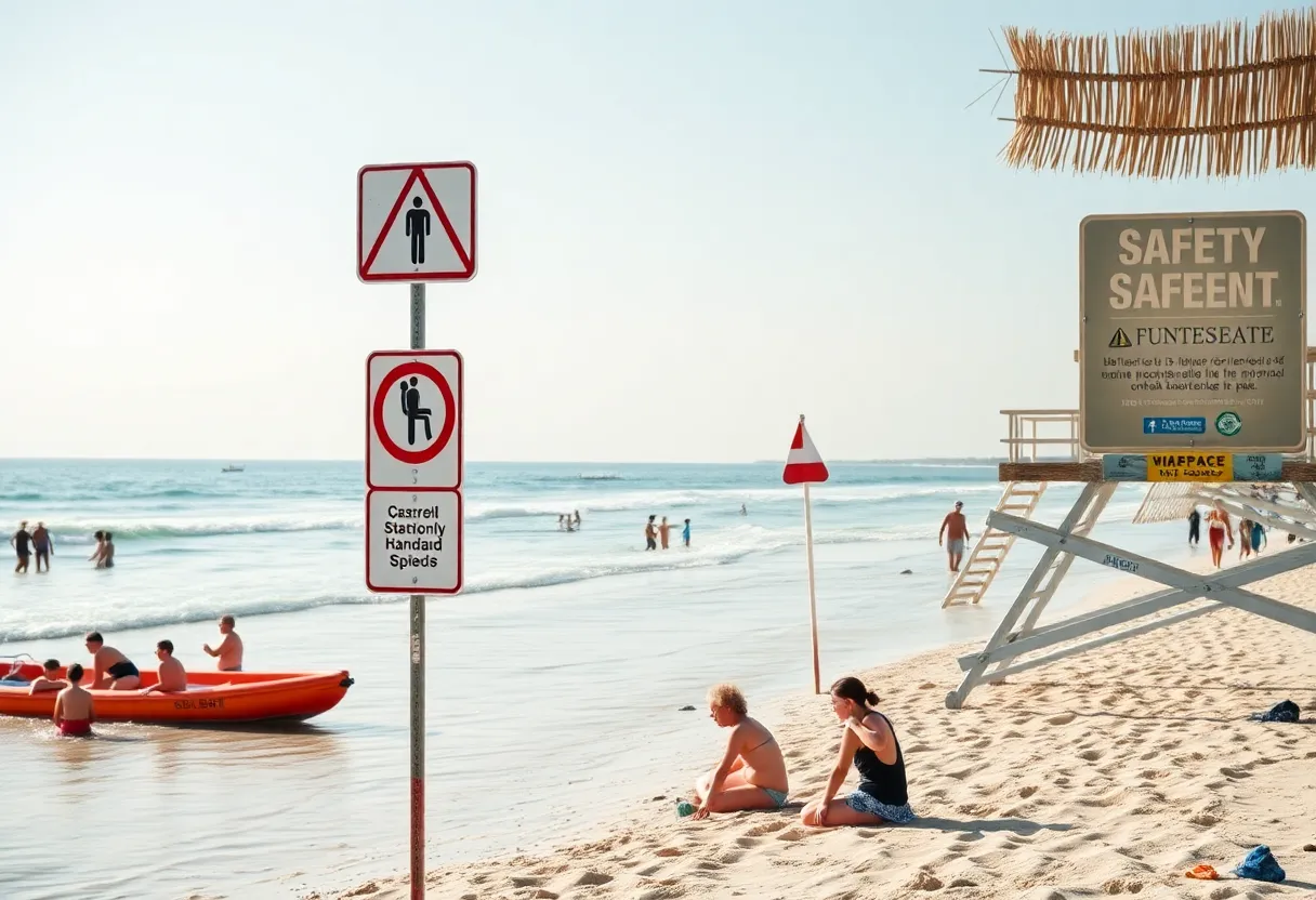 A beach scene with safety measures and families enjoying the sun.