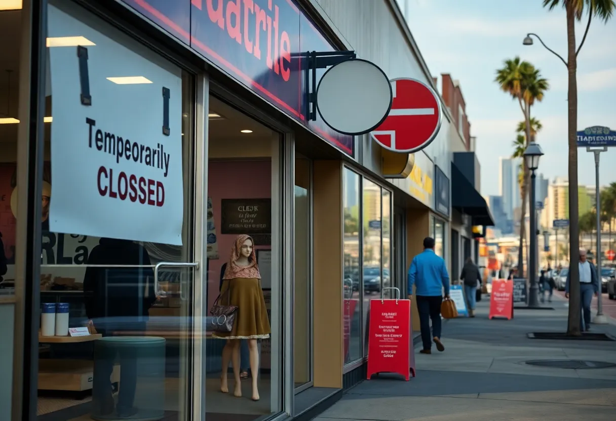 A retail store front with a 'temporarily closed' sign amid a city skyline.