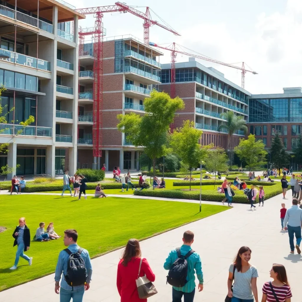 Cal State Fullerton campus with students and construction sites