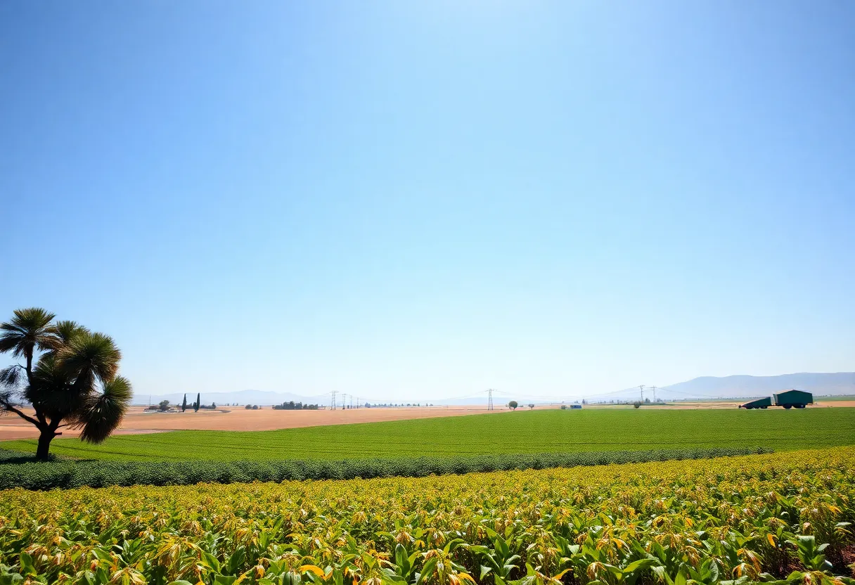 Vast agricultural fields in California under clear skies