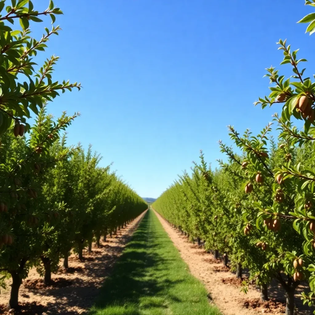 A scenic view of an almond orchard in California with almond trees in rows.
