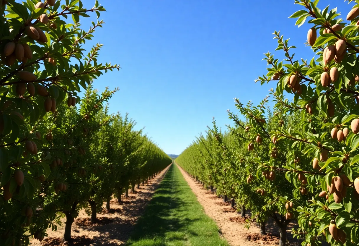 A scenic view of an almond orchard in California with almond trees in rows.