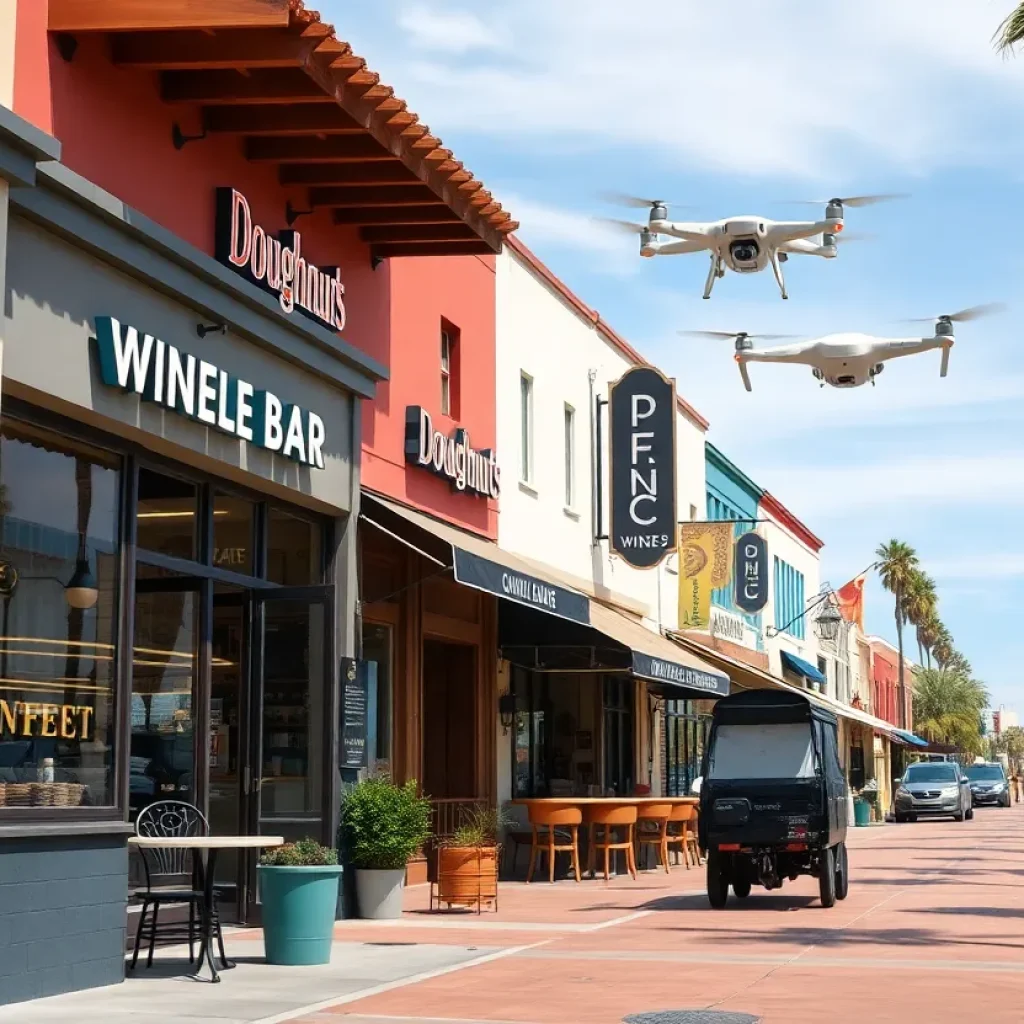 California street with diverse food businesses and delivery drones