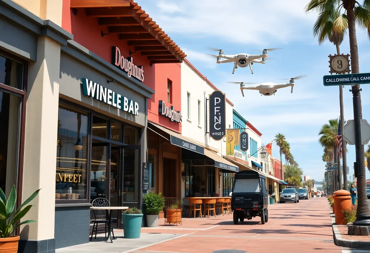 California street with diverse food businesses and delivery drones