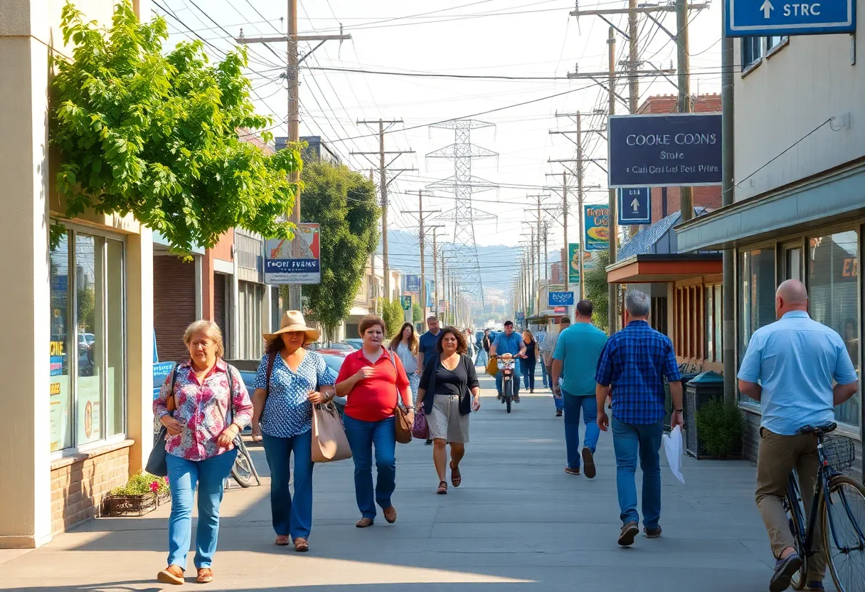 California scene showing families and small businesses struggling with utility costs