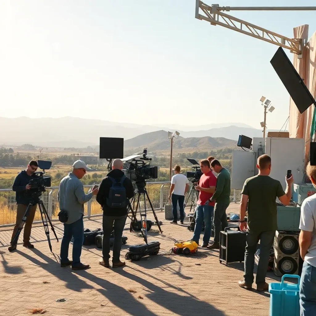 Film set in California with crew and equipment