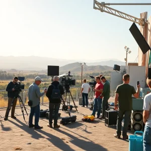 Film set in California with crew and equipment
