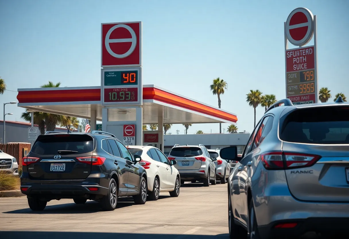 Gas station displaying rising prices in California.