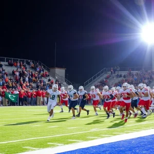 High school football players in action during a game in California