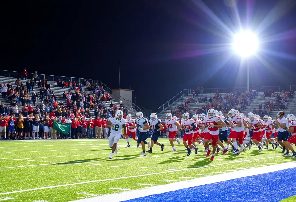 High school football players in action during a game in California