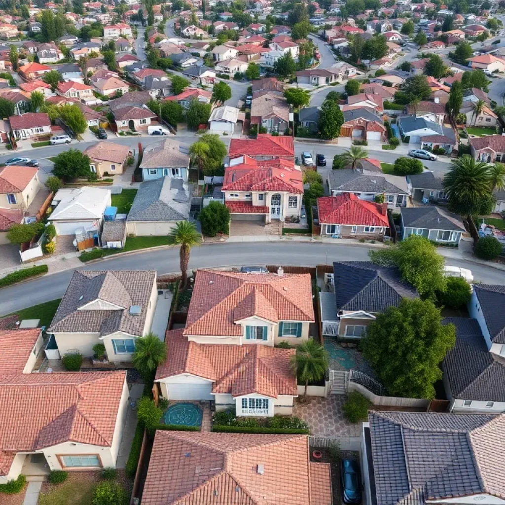 Aerial view of California neighborhoods with real estate signs.