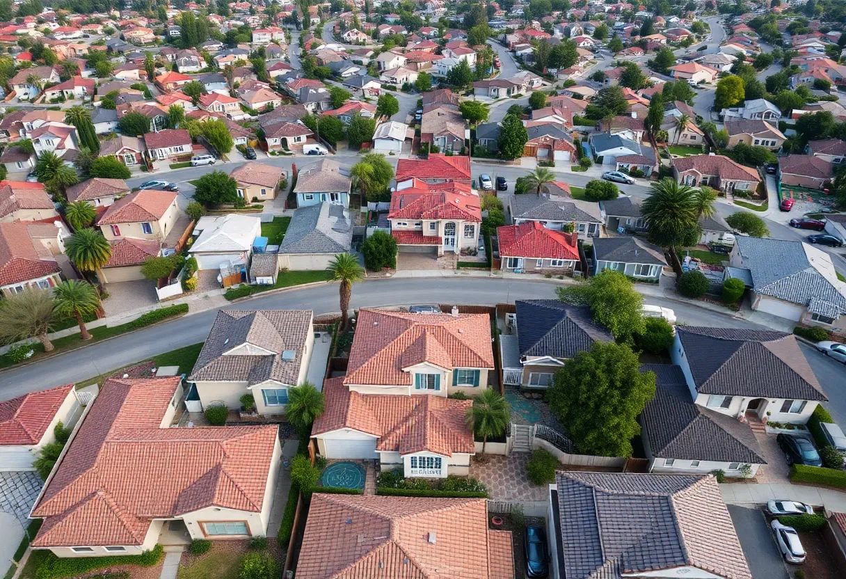 Aerial view of California neighborhoods with real estate signs.