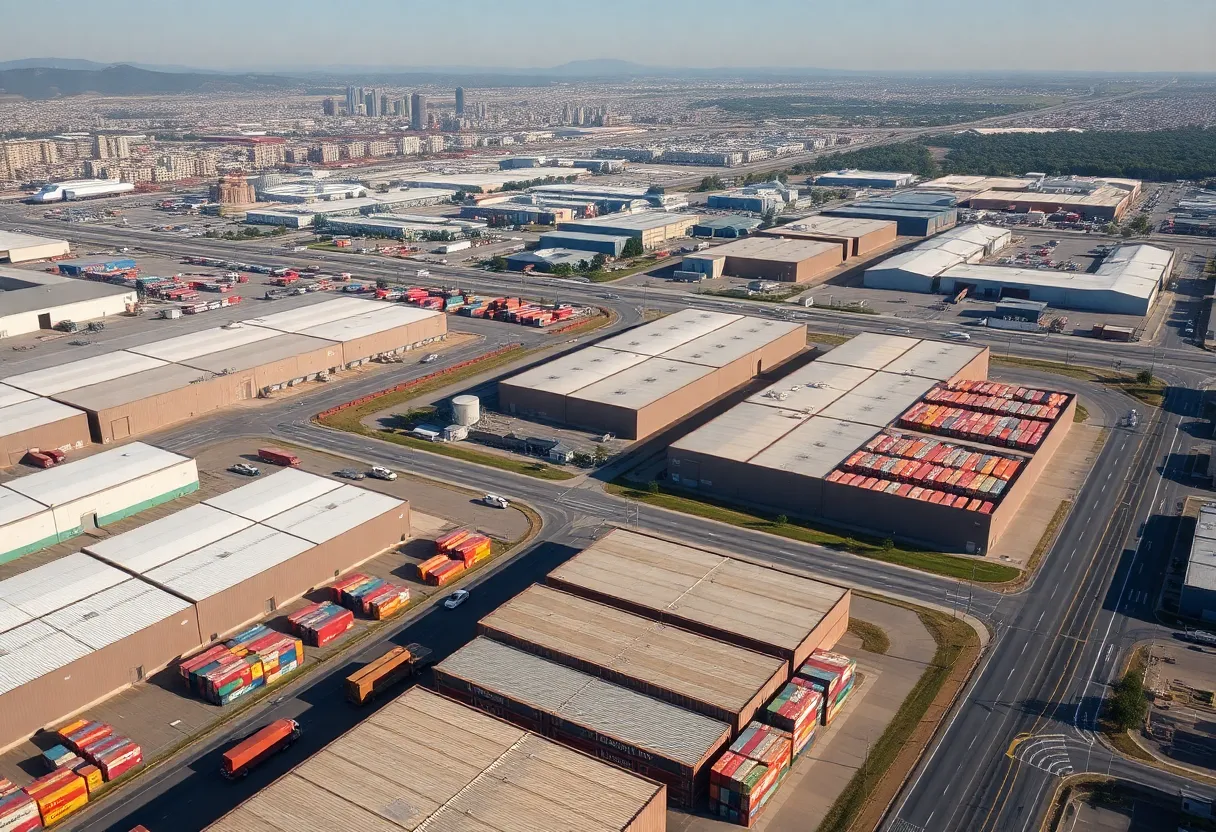 Aerial view of California industrial warehouses and shipping containers