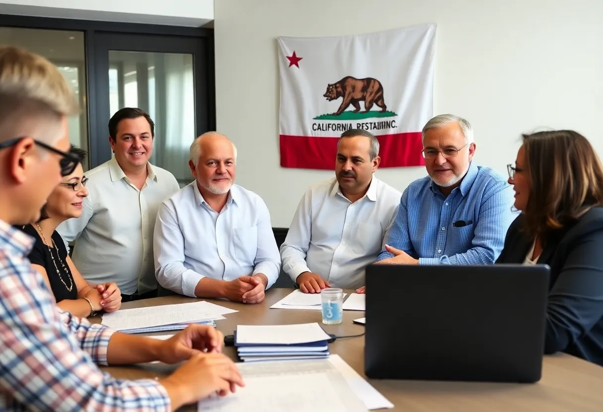 Restaurant owners discussing payroll compliance in California.