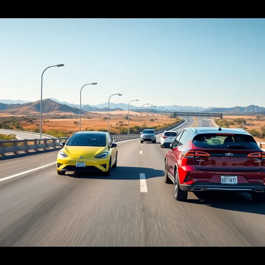 Electric vehicles on a highway in California depicting a road charge system